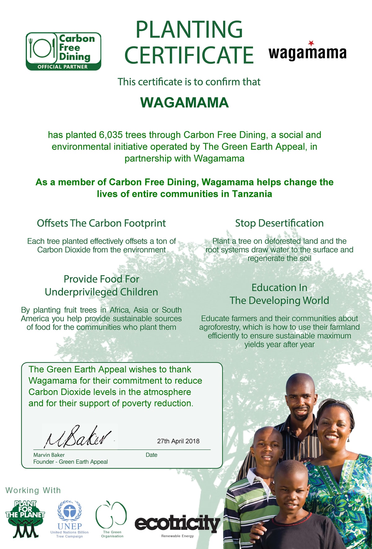 Carbon Free Dining - Wagamama Tree Planting Certificate